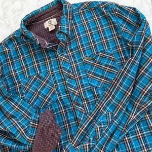 Timberland Men’s Plaid Flannel Button Down Shirt Slim Fit Blue Tan Size L